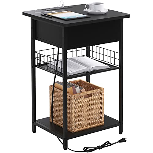 Nightstand With Usb Ports And Outlets, Bedside End Table With Storage Shelf Bed Couch Sofa Side Table With Charging Station Rustic Accent Table Small Wood Night Stands For Bedroom, Living Room, Black #TOP11