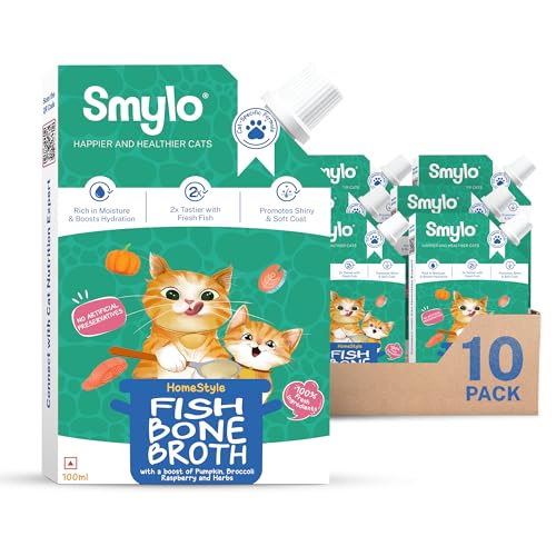 Image of Smylo Daily Hydration Booster, Fish Bone Broth for Cats (100ml x 10 Packs) | Best with Dry Food | Rich in Collagen for Bones & Joints | Omega 3 & 6 for Shiny Fur & Coat | Cat Food Topper