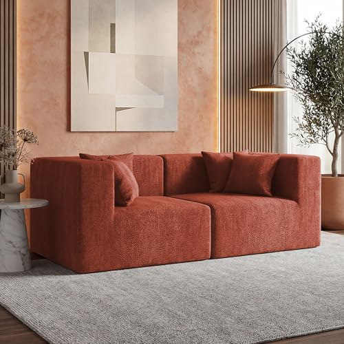 Image of MONVANE 75 inch Loveseat Sofa, Comfy Chenille Modular Sectional Sofa with 4 Pillows, Modern Deep Seat Boneless Couch, 2 Seater Sofa for Living Room, Bedroom and Apartment, Rust Red