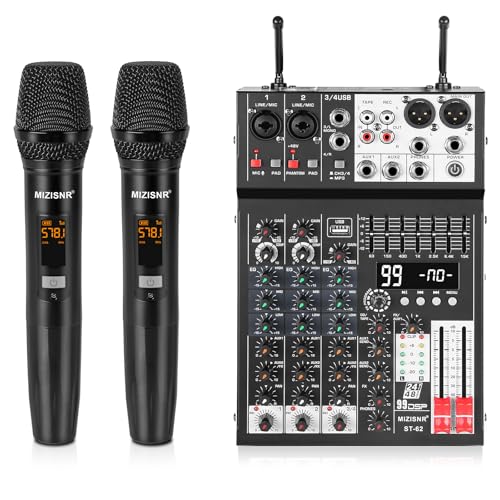 MIZISNR Audio Mixer 4 Channel with Dual Microphones Pro 99DSP Sound Music Console DJ Mixing Board with 7-band EQ USB Bluetooth 48V Phantom Power & PAD Function for Recording PA Live Live Streaming