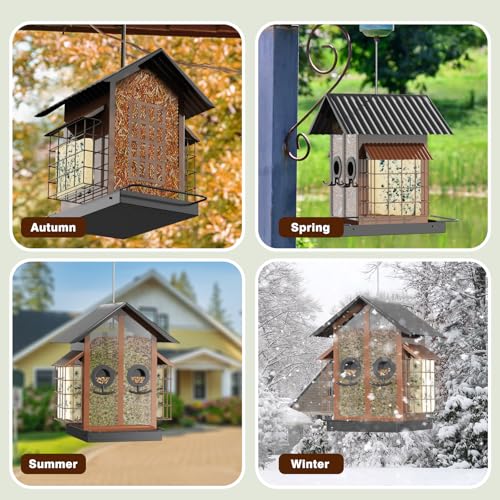 FlowaFoli Bird Feeders for Outdoors, Metal Bird Feeder with Double Suet Cage Weatherproof Metal Roof, 2 in 1 Mixed Seeds Suet Feeder, 4Lbs Large Capacity, Great for Finch、Cardinal、Chickadee(Brown) - Image 5