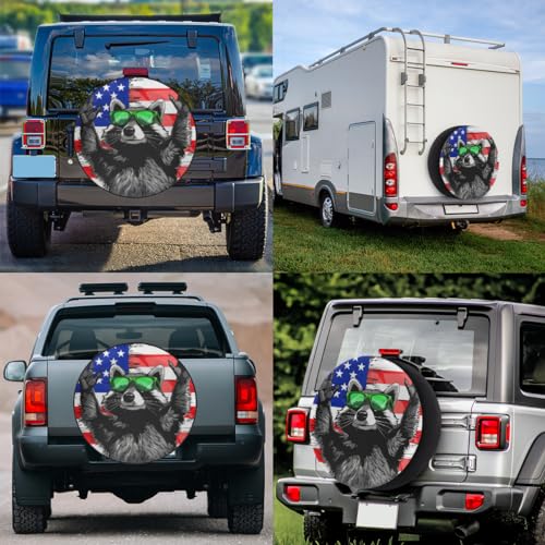 Image of Spare Tire Cover for RV Trailer, American Flag Raccoon Tire Covers Universal Fit for Travel Trailer Camper Jeep RV SUV Truck Waterproof Wheel Cover (14 inch for Diameter 25 inch - 27 inch)