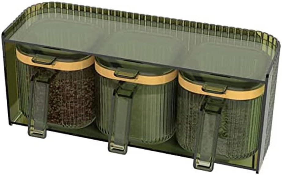 3-Piece Seasoning Box, Transparent Seasoning Box with lid Spoon, Kitchen and Household Seasoning Bottle Set (drak Green, 2 Sets)