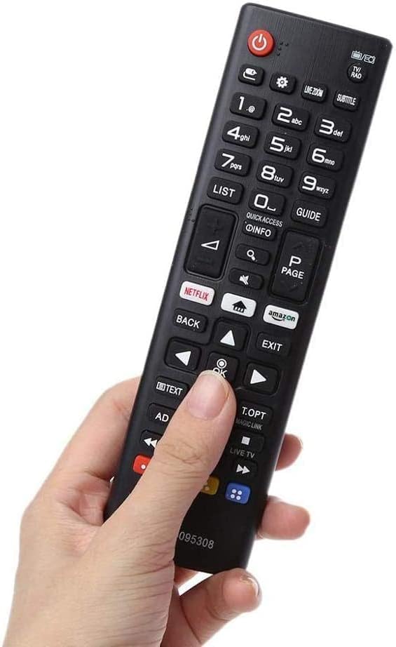 Image of the 121AV Universal LG Remote Control being held in a hand, demonstrating its compact size.