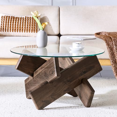 Mesa de Centro Contemporánea con Tablero de Vidrio y Estructura Cruzada - Mezcla de Materiales MDF/Vidrio, Acabado Negro Madera, Dimensiones Adaptables (Ø79x45 cm), Ideal para Zona de Relax o Salón
