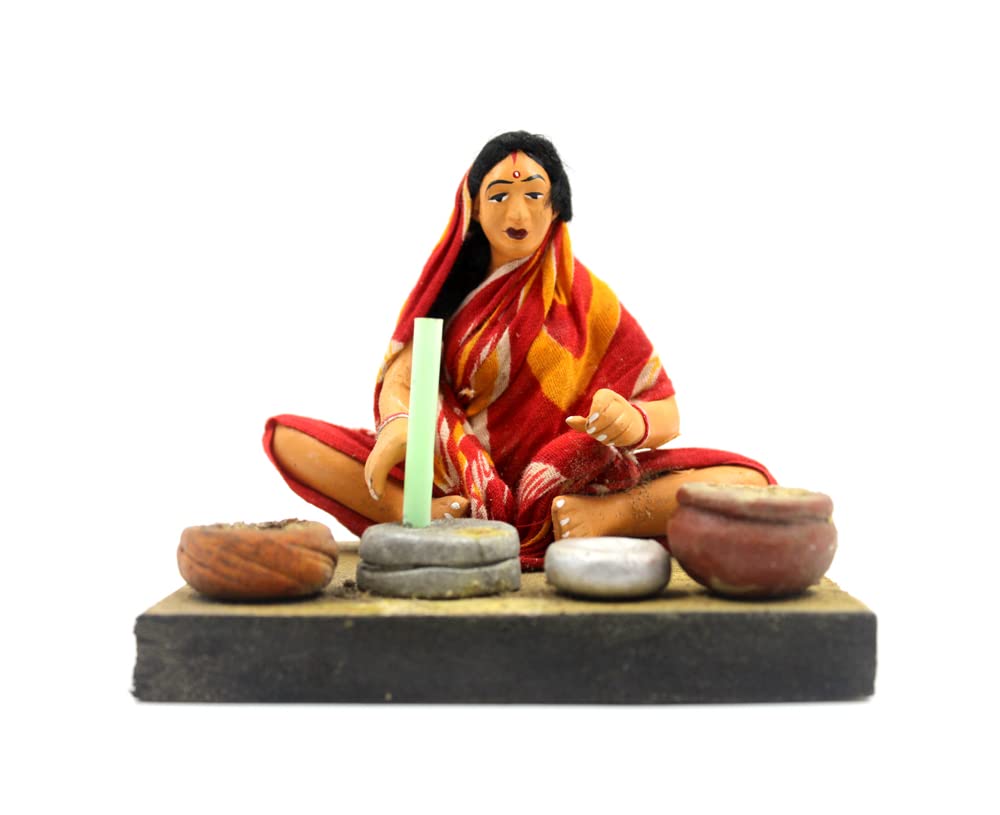 ESVAR STONECRAFT Handmade Terracotta Scupluture of Cereal Grinding Lady Decorative Show Piece with Dynamic Colour Ideal for Home Use Or Gifting Purpose.-Size (H*W*D:10*13*10) cm