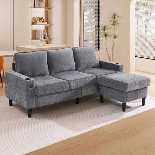 Wyibwy Sofá esquinero L moderno con puertos USB y tipo C, sofá acolchado de 3 plazas con dos portavasos, sofá cama en L, 200,6 x 139,7 x 82,5 cm, tejido de lino, para salón o apartamento, gris