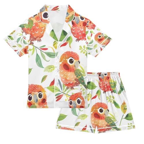 senya Cute Chubby Parrots Satin Summer Pajama Sets Silk Short Sleeve Button Down Sleepwear