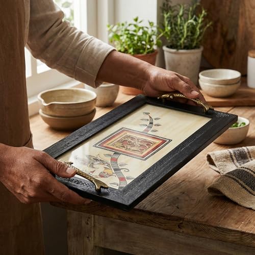 Image of Aakriti Art Creations Heritage Blend Tray, Serving Platter Beige | Madhubani Art with Matte Finish, Handcrafted Metal & Wood Tray with Handles | Tray for Kitchen Decor & House Warming Gifts