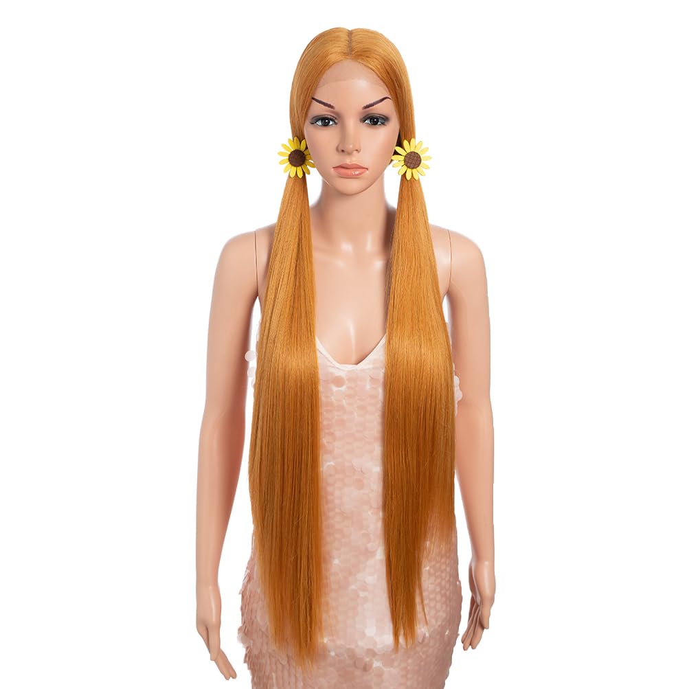 Style Icon 38" Ombre Green Yellow Lemon Wig Super Long Straight Wigs 6" Deeper Middle Part Lace Lace Front Wigs Orange Synthetic Wig (38", ORANGE20)
