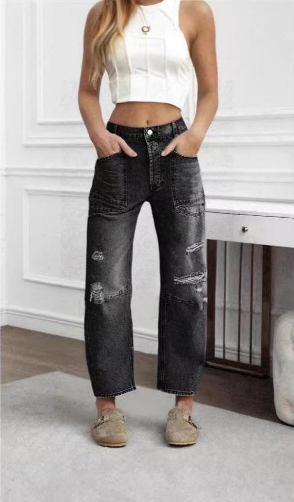 yoeasy Womens Distressed Barrel Jeans Mid Rise Wide Leg Baggy Denim Ankle Pants Ripped Boyfriend Jeans with Pockets