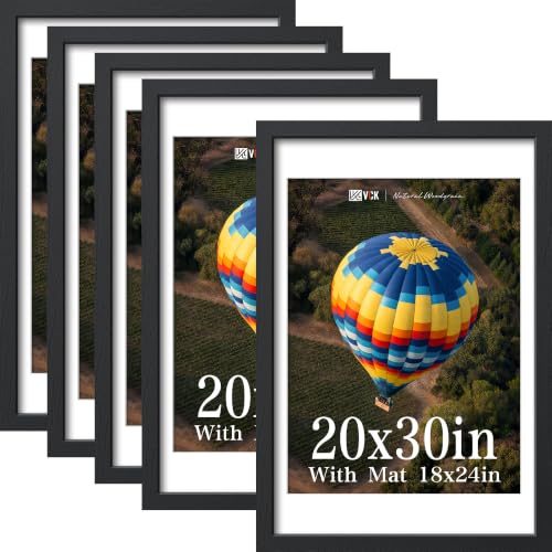 Image of VCK 20x30 Picture Frame 5 Pack, Black Exclusive Wood 18x24 Mat, for Print