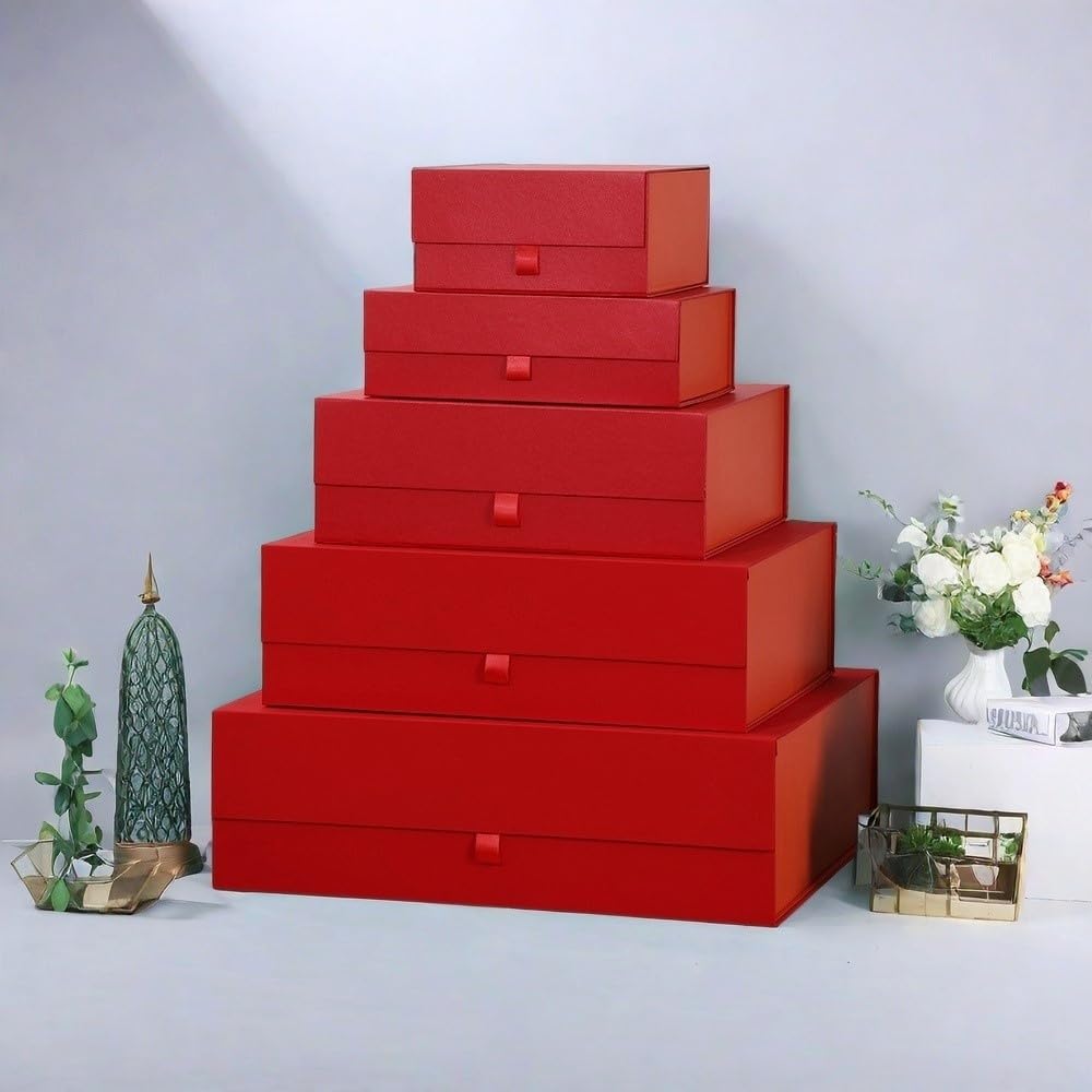KdmNzoo Confezione regalo grande rossa, 3 pezzi, 48,5 x 40,5 x 15,3 cm, scatola regalo magnetica con coperchio, grande, per vacanze, matrimonio, compleanno, confezione regalo, include rafia e