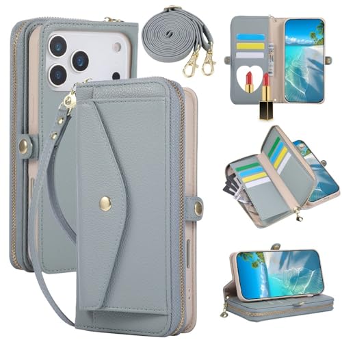 Étui iPhone 13 Pro Max bleu antichoc avec portefeuille zippé et rangement cartes au dos
