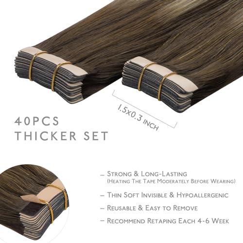 Image of Wennalife Tape in Hair Extensions Human Hair, 40pcs 100g 20 inch Balayage Chocolate Brown to Honey Blonde Hair Extensions Real Human Hair Straight Tape in Extensions Reusable Real Hair Extensions