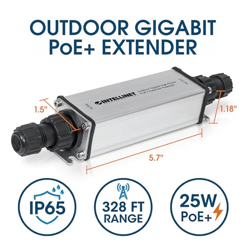 Image of Intellinet Outdoor Gigabit PoE+ Extender, IP65, 25W, 328 Ft Range | IEEE 802.3af /at range booster adds 328 ft per unit, up to 1640 ft cascade; no extra adapter needed, metal housing