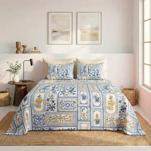 Image of HOMEKART 100% Cotton Feel Double Bed Bedsheet Set | 180tc to 220tc Soft & Breathable with 2 Pillow Covers | Wrinkle Free | for Bedroom & Gifting (Color -Blue & Beige, 90 x 90 Inches)