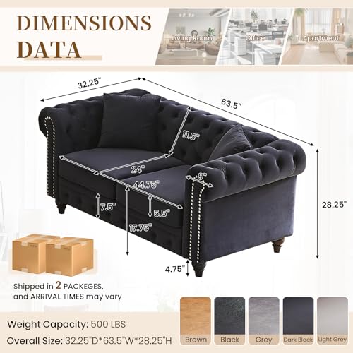 Image of Mid Century Modern Loveseat Sofa, 63.5 inchW Velvet Fabric Button Tufted Small Couch with Nailhead Trim & Roll Armrest, Upholstered Comfy Chesterfield Sofa for Living Room, Office(2 Seater, Dark Black)