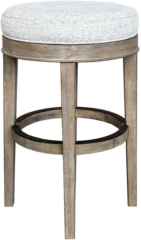Pemberly Row 20" Round Wood Swivel Bar Stool, Sandstone Brown Finish, Upholstered Polyester Seat, Backless Design, 360-Degree Swivel, Metal Kick Plate, Durable Footrest, Bar Height Stool for Kitchen