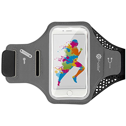 iPhone 7 Armband Case, F-color Extra Thin and Soft Sports Armband for iPhone 7 6S 6, Google Pixel, Phone with Screen up to 5.0 Inches, Running Band with Earbuds Slot, Key and Card Holder,Black + Grey
