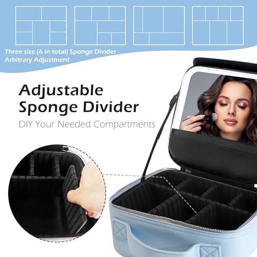Image of MOMIRA Travel Makeup Bag Cosmetic Bag Makeup Organizer Bag with Lighted Mirror, Adjustable Brightness in 3 Color Scenarios, Waterproof Makeup Train Case, Gift for Women - Classic Blue(Woven)