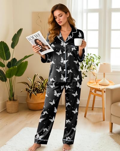 Image of Silky Pajamas for Women 2 Piece Long Sleeve Pj Sets Women's Satin Sleepwear Button Down Loungewear Set