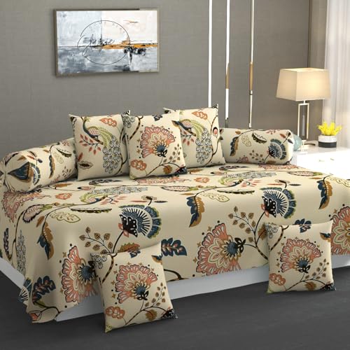 Image of Cotton Diwan Set Covers |8 Pieces Diwan Cover Set|300 TC Fabric| Pure Cotton Printed Deewan Set (1 Single Bedsheet, 2 Bolster Covers, 5 Cushion Covers)|Beige Jaipuri |SZDS 009