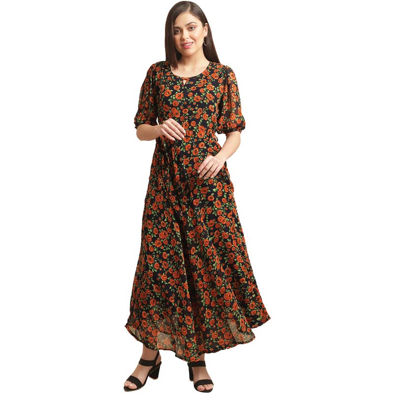 Preneum Women's Georgette A-Line Standard Length Dress (Maxi-A-33_Orange