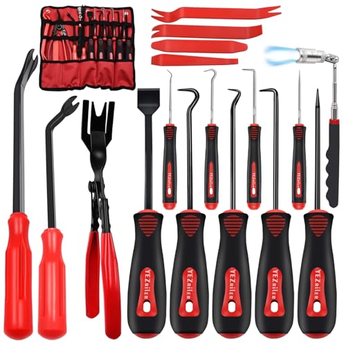 YEZriler 13 Pcs Mechanic Hook Pick Tool Set and 4 Pcs Auto Trim Removal Tool Kit with Auto Clip Plier Rivets Puller Telescoping Magnetic Pickup Gasket Scraper for Remove Automotive Hand Pick Up Tools