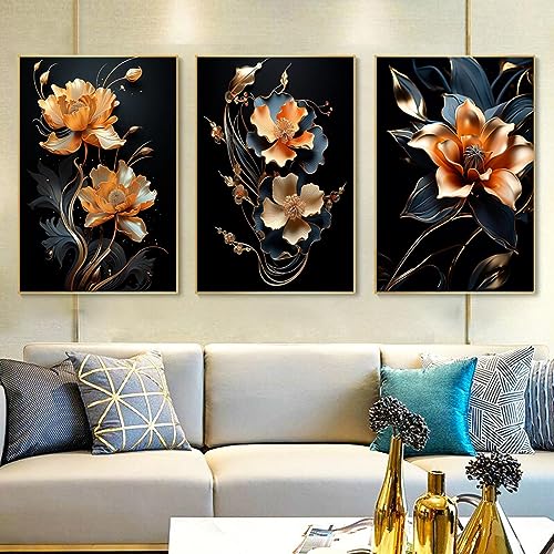 Peinture Décor À La Maison Mur Art KEBIA Toile Fleur Or et Bleu pour Sublimer un Salon Vide