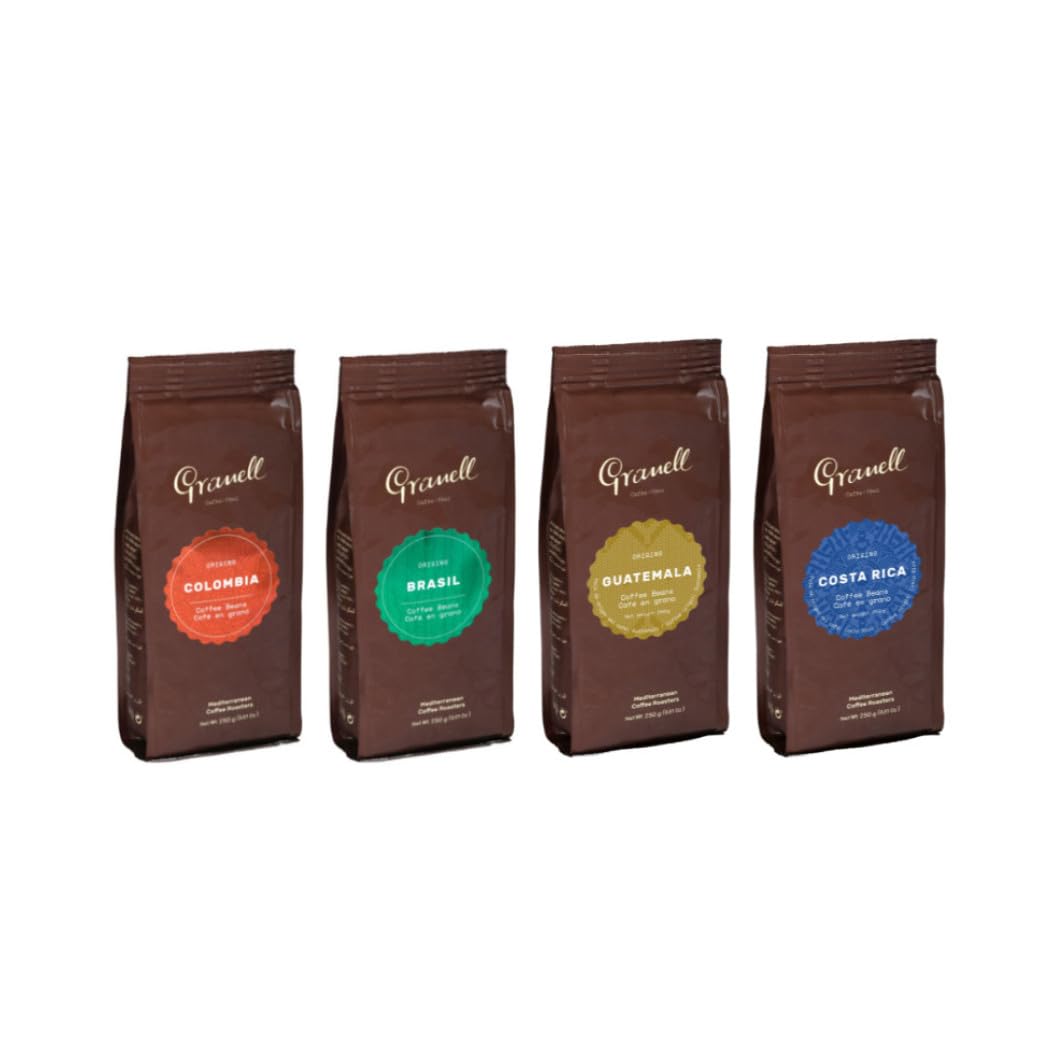 Granell Pack El Mundo en Tu Taza, Café en Grano 100% Arábica, Selección de 4 Orígenes: Colombia, Brasil, Guatemala, Costa Rica, Tueste Natural