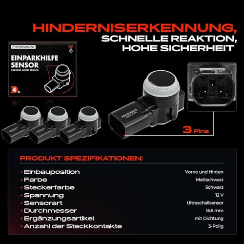 Frankberg 4x Parksensor Vorne Hinten Kompatibel mit 2008 I CU 1.2L-1.6L 2013-2024 208 I CA CC 1.0L-1.6L 2012-2022 308 II L3 LB LH LP LW 1.2L-2.0L 2013-2021 Replace# 9675202477