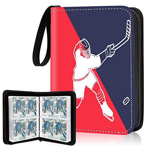 4 Pocket Hockey Cards Binder,Premium Zippered Trading Card Binder,400 Double Sided Pocket PU Collection Binder,Water Resistant, 3 Ring Collector Album,Card Folder for Hockey Sport Cards Display