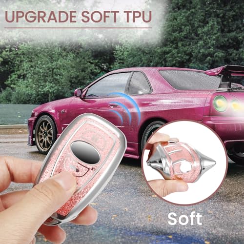 Image of Car Key Fob Cover for Subaru, Rhinestone Wristlet Case, Pink | Wear-resistant TPU shell, non-stretch rhinestone wristlet, daily splash, scratch and drop protection, normal signal use