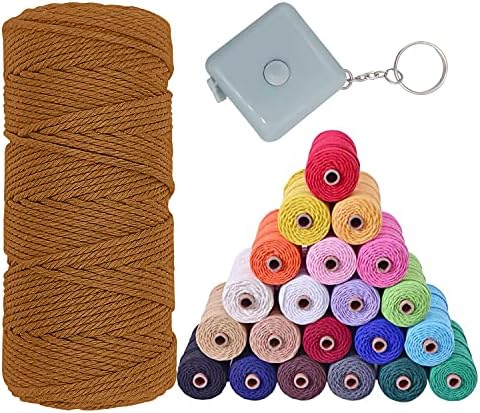 Macrame Cord 3mm x 109Yards/100m/328 Feet, 1 Tape Measure 100% Natural Cotton Macrame Twine 4 Strand Twisted Rope Yarn Craft Knitting String DIY for Hangers Christmas Wedding Decor - Cocoa Brown