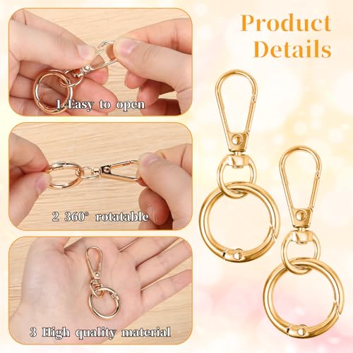 JJUNW Bnehmbare Karabinerhaken, 2pcs Drehbare Karabinerhaken, Metall Karabiner Schlüsselanhänger 360° Drehbarem Karabiner Verschlüsse für DIY Handtasche Keychain Basteln Rucksack Zubehör(Gold)