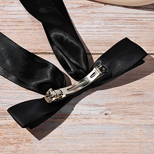Large Satin Hair Bows 2Pcs Hair Ribbons For Women Ceelgon Big Long Black Ballet Style Hair Bows French Barrette Vintage Accessories For Girls-Black #TOP3