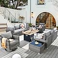 CAODOC 11 Pieces Outdoor Patio Furniture Set, Rattan Wicker Sectional Swivel Rocker Chairs Sets with Fire Pit, Swivel Glider Chairs, and Coffee Table