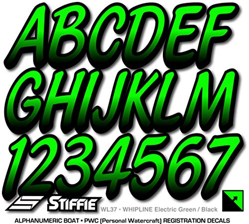 Image of STIFFIE Whipline Electric Green /Black 3 inch Boat & PWC Registration Decals • Numbers Letters Stickers