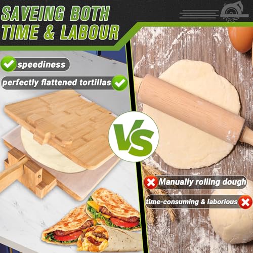 Upgraded Bamboo Wooden Tortilla Press - 10 Inch Square Wood Tortilla Maker Press with 60 Pcs Parchment Paper & Scraper, 4.5” to 10" Mexican Tortillera Presser for Homemade Tortillas, Pataconera - Thumbnail 5