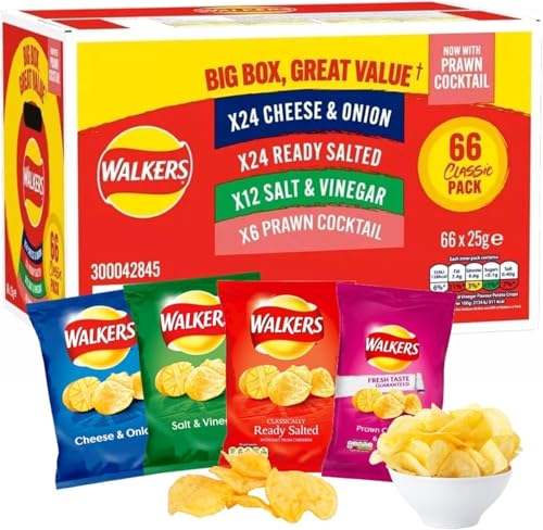 Walkers Variety Box Crisps (Pack of 66) - 24 x Cheese & Onion, 24 x Ready Salted, 12 x Salt & Vinegar, 6 x Prawn Cocktail
