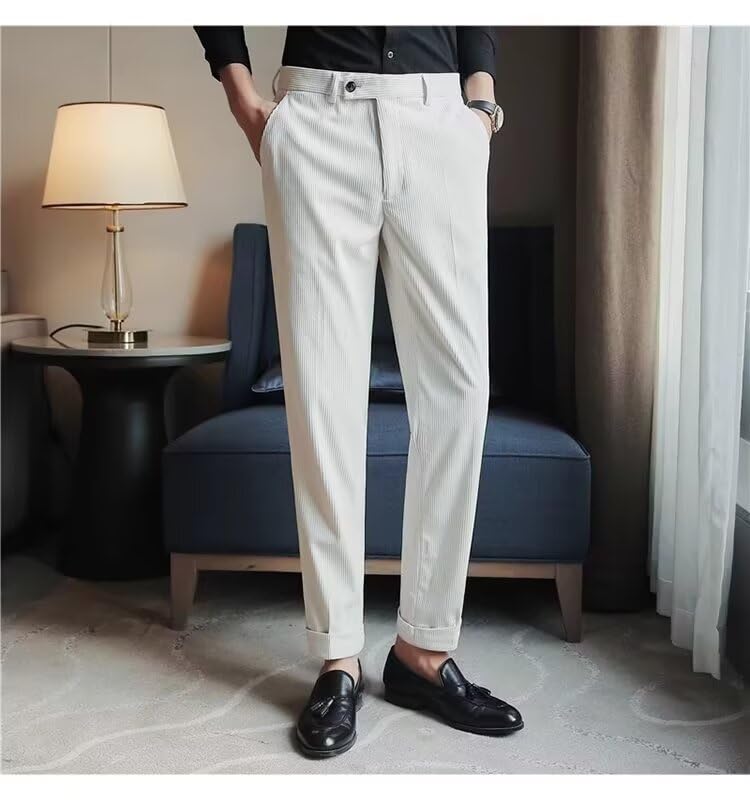Men’s Corduroy Dress Pants Straight Fit Flat-Front Suit Trouser High Waist Casual Business Suit Pants Long2