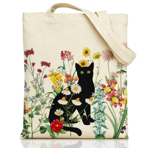 bmuvghi Black Cat Canvas Tote Bag with Zipper Pockets Vintage Flowers Cute Tote Bag Aesthetic Reusable Shopping Grocery Bags Birthday Gifts for Women