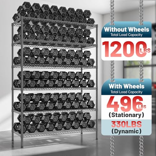 82" H X45 W X18 D Storage Shelves with Wheels, 6 Tier Wire Shelving Adjustable Metal Shelving Pantry Shelves Capacity 1200LBS for Garage Shelving, Pantry, Kitchen, Closet, Commercial, Black - Image 6