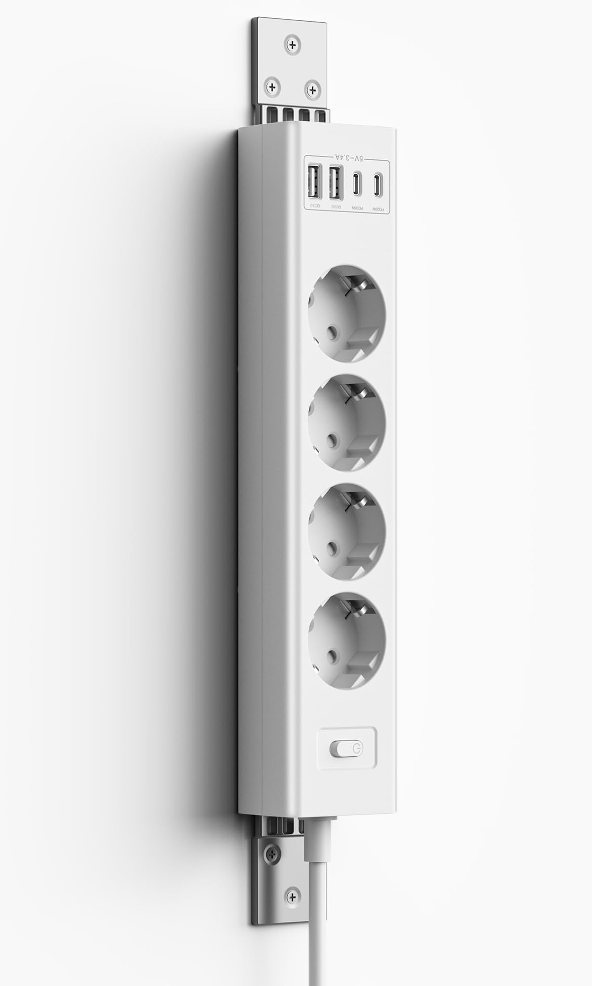 Ciabatta elettrica da parete, montata a 360°, multipresa con protezione da sovratensione, 2USB-C (PD20W)+2USB-A (QC3.0 18W), 4 prese, 2 m, per parete, angolo e sottopiano