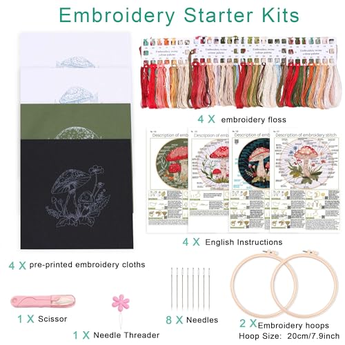 Image of Harimau Adult Beginner Embroidery Starter Kit, Complete Set with 4 Patterns, 2 Hoops, Needles, Scissors, Instruction Guide & Stitching Video Tutorials
