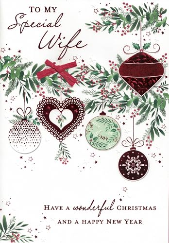 To My Special Wife Christmas Card from Husband (Large 26 × 18 cm) Luxury Greeting with Attached Red Ribbon Bow & Festive Ornaments Have a Wonderful Christmas & Happy New Year