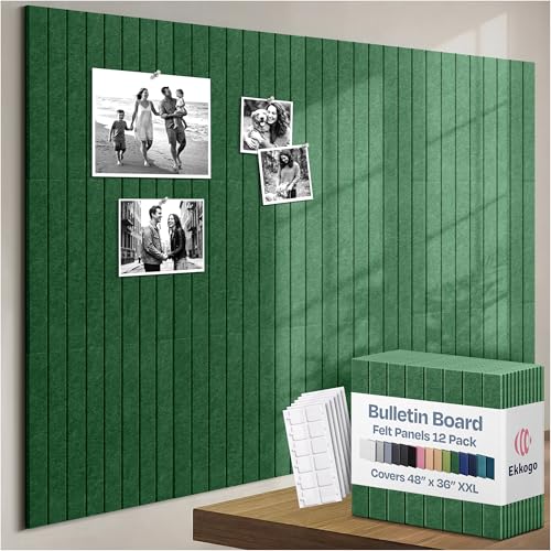Image of X-Large Cork Board Alternative 12-Pack Felt Bulletin Board Thick and Decorative Pin Board for Home Office Walls 47.24 x 35.43 Inches with 72 Adhesive Tabs - [Dark Green]