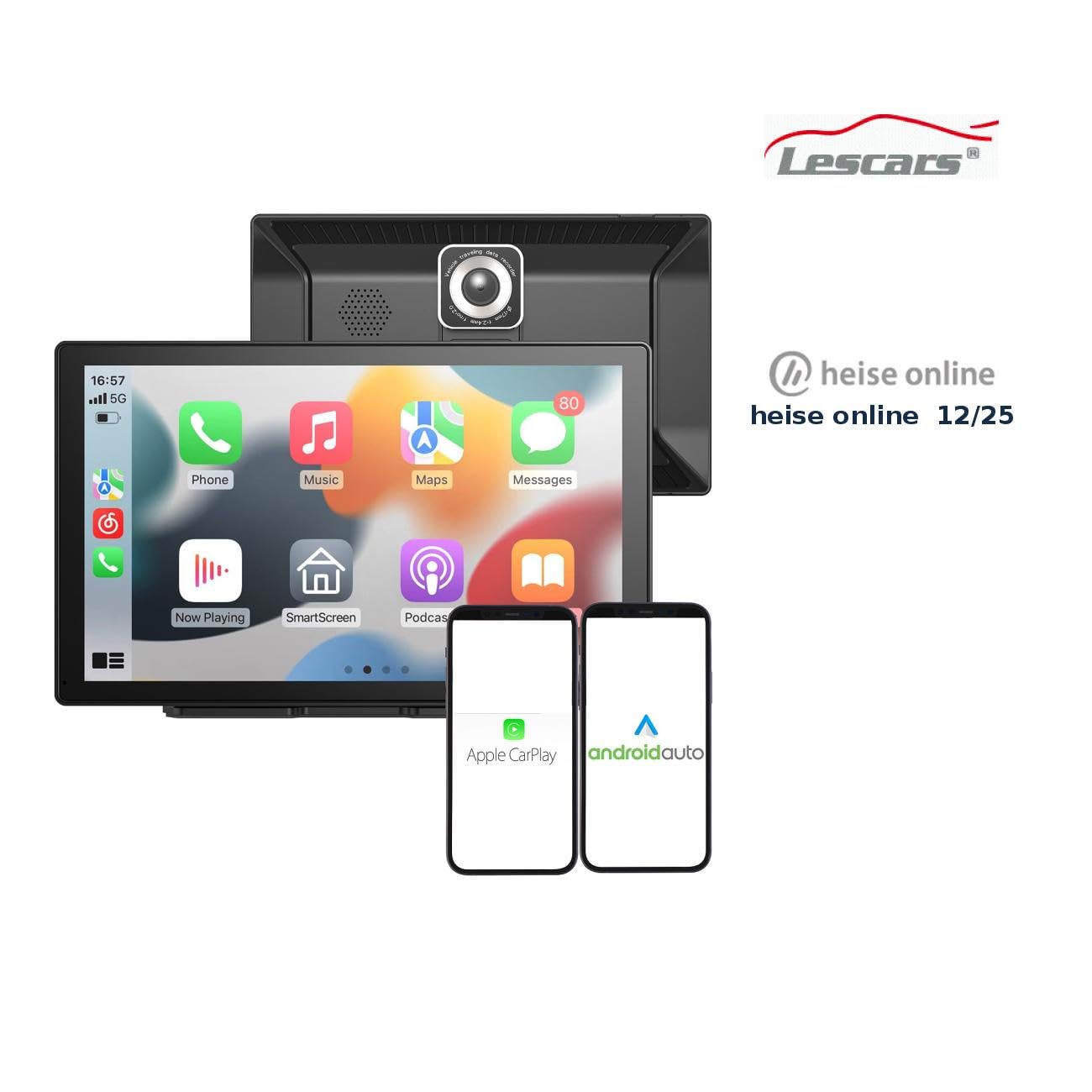 Lescars Apple Carplay Display: IPS-HD-Display für Android Auto & CarPlay, 9" / 22,9cm, 2K-Frontkamera (Auto Monitor, FM Transmitter, SD)