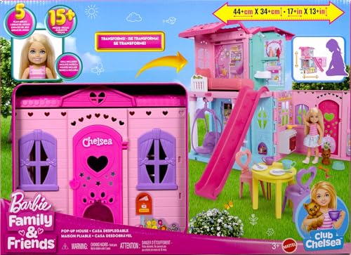 Barbie Chelsea Spielzeug-Puppenhaus mit über 15 Accessoires, das Pop-up-Haus erweitert Sich auf über 42 x 33 cm mit 5 Spielbereichen und Rutsche, mit Kleiner Puppe und Hund, JFW49